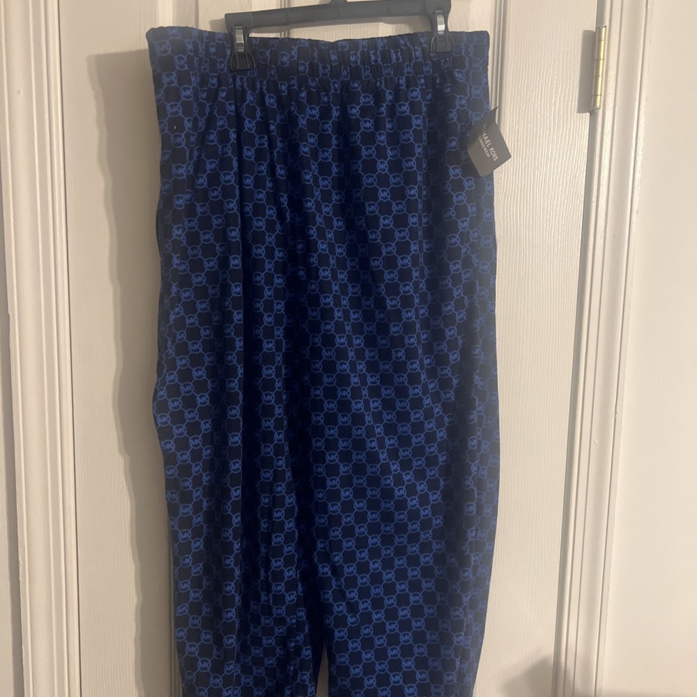 NWT Men's MICHAEL KORS BLUE Brushed Flannel MK Logo PAJAMA Lounge PANTS NWT Med